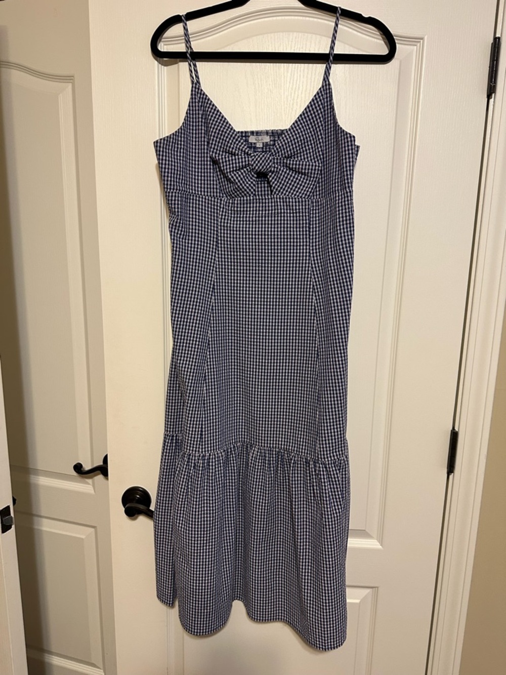 Rails Navy and White Gingham Midi Dress with Front Bow
